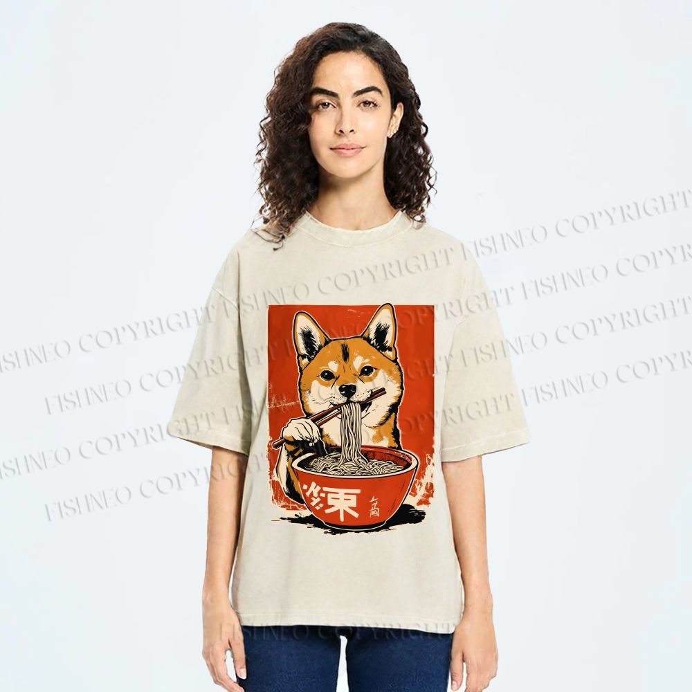 Unisex Japanese Ramen Shiba Dog Printed Washed Tee