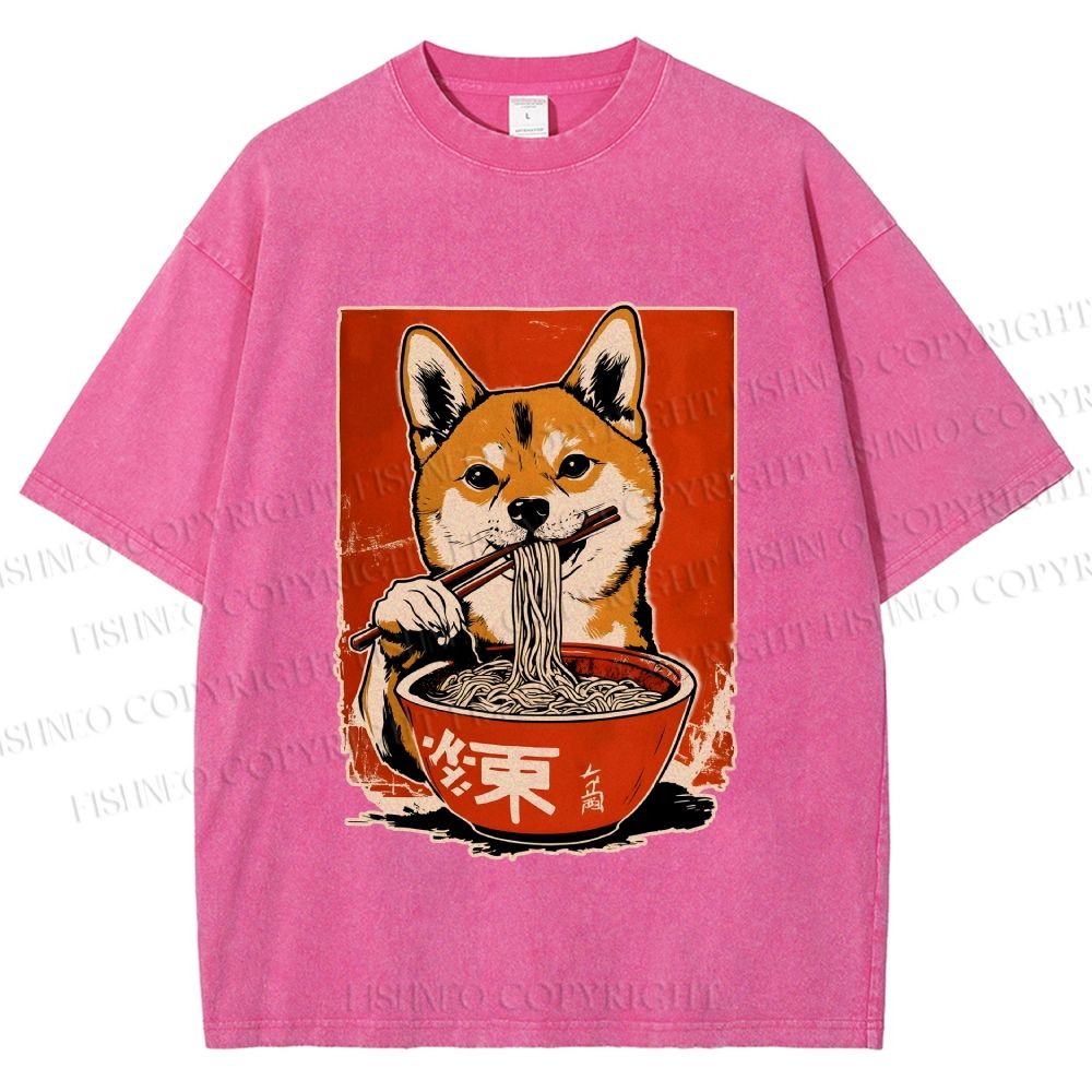Unisex Japanese Ramen Shiba Dog Printed Washed Tee