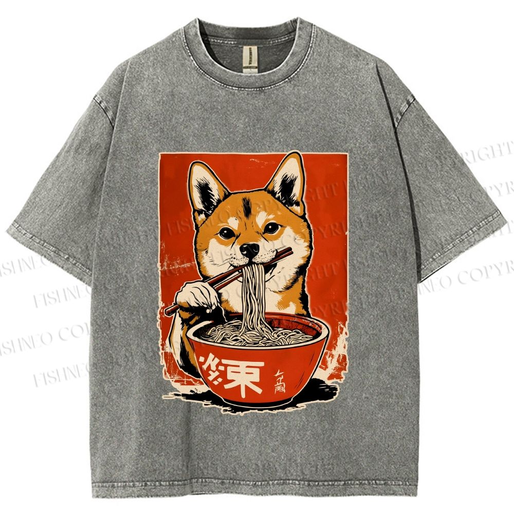 Unisex Japanese Ramen Shiba Dog Printed Washed Tee