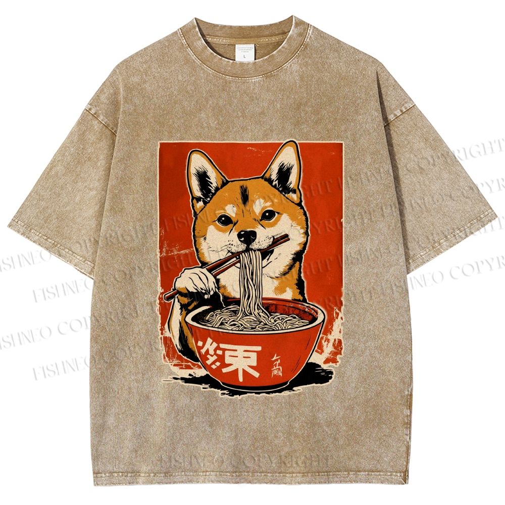 Unisex Japanese Ramen Shiba Dog Printed Washed Tee