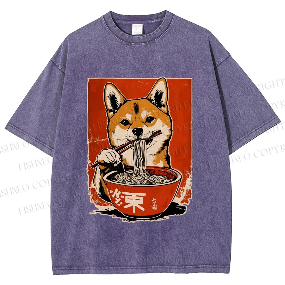 Unisex Japanese Ramen Shiba Dog Printed Washed Tee