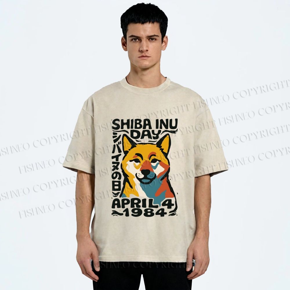 Unisex Vintage Shiba Dog Printed Washed Tee