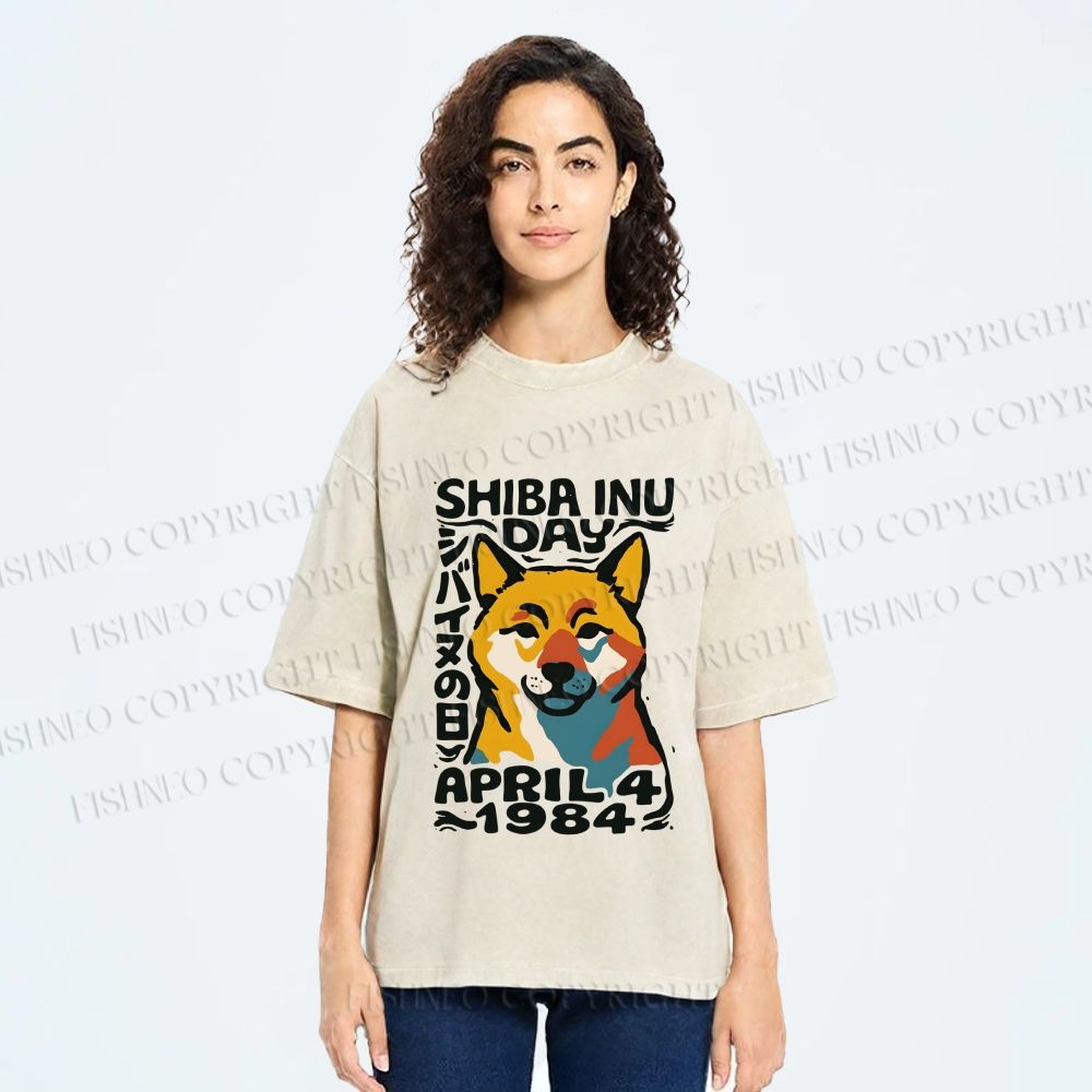 Unisex Vintage Shiba Dog Printed Washed Tee