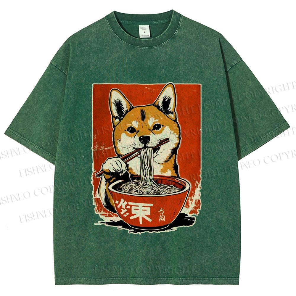 Unisex Japanese Ramen Shiba Dog Printed Washed Tee