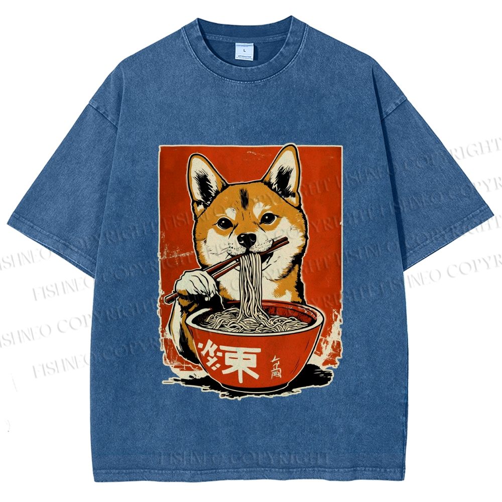 Unisex Japanese Ramen Shiba Dog Printed Washed Tee