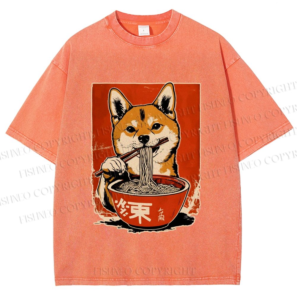 Unisex Japanese Ramen Shiba Dog Printed Washed Tee