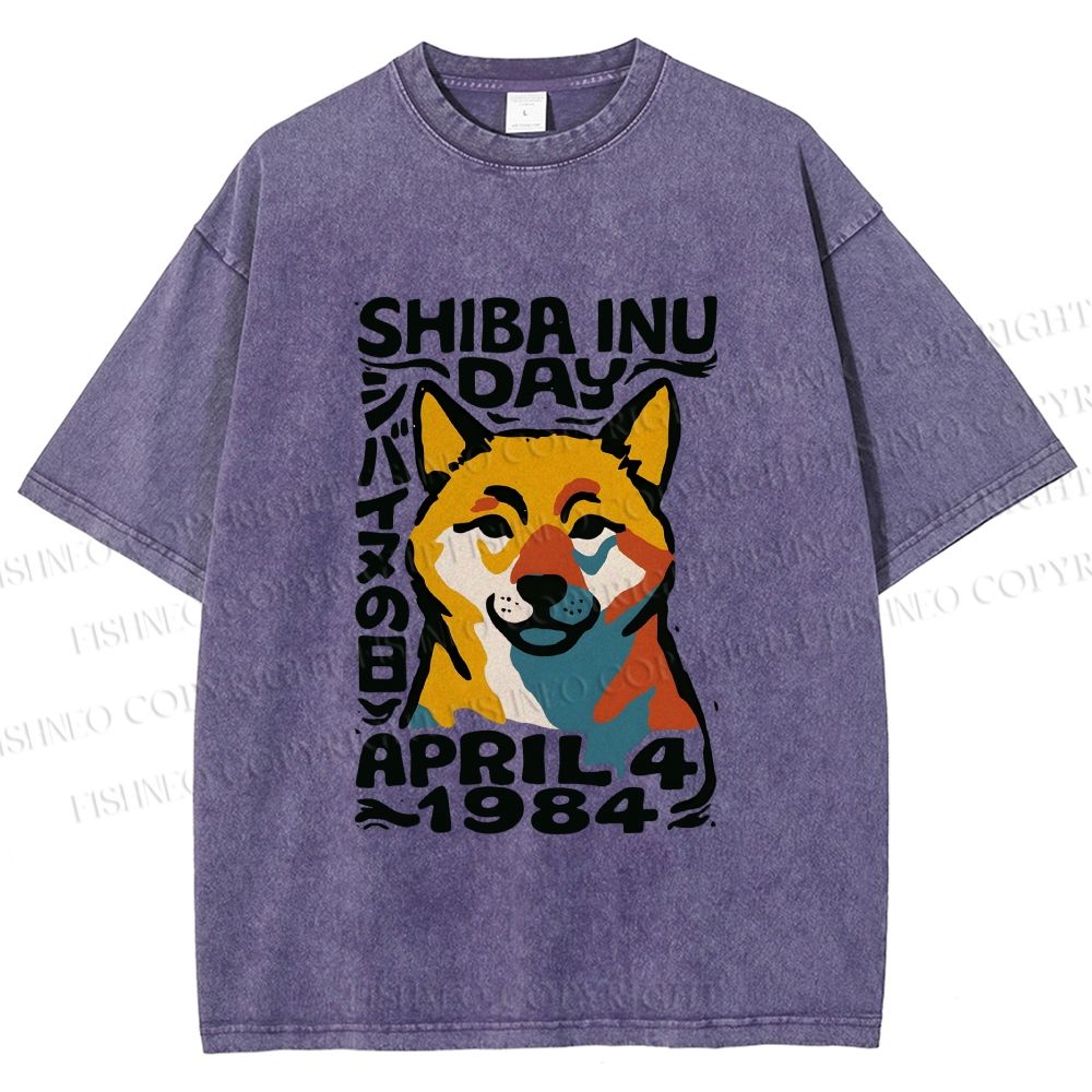 Unisex Vintage Shiba Dog Printed Washed Tee