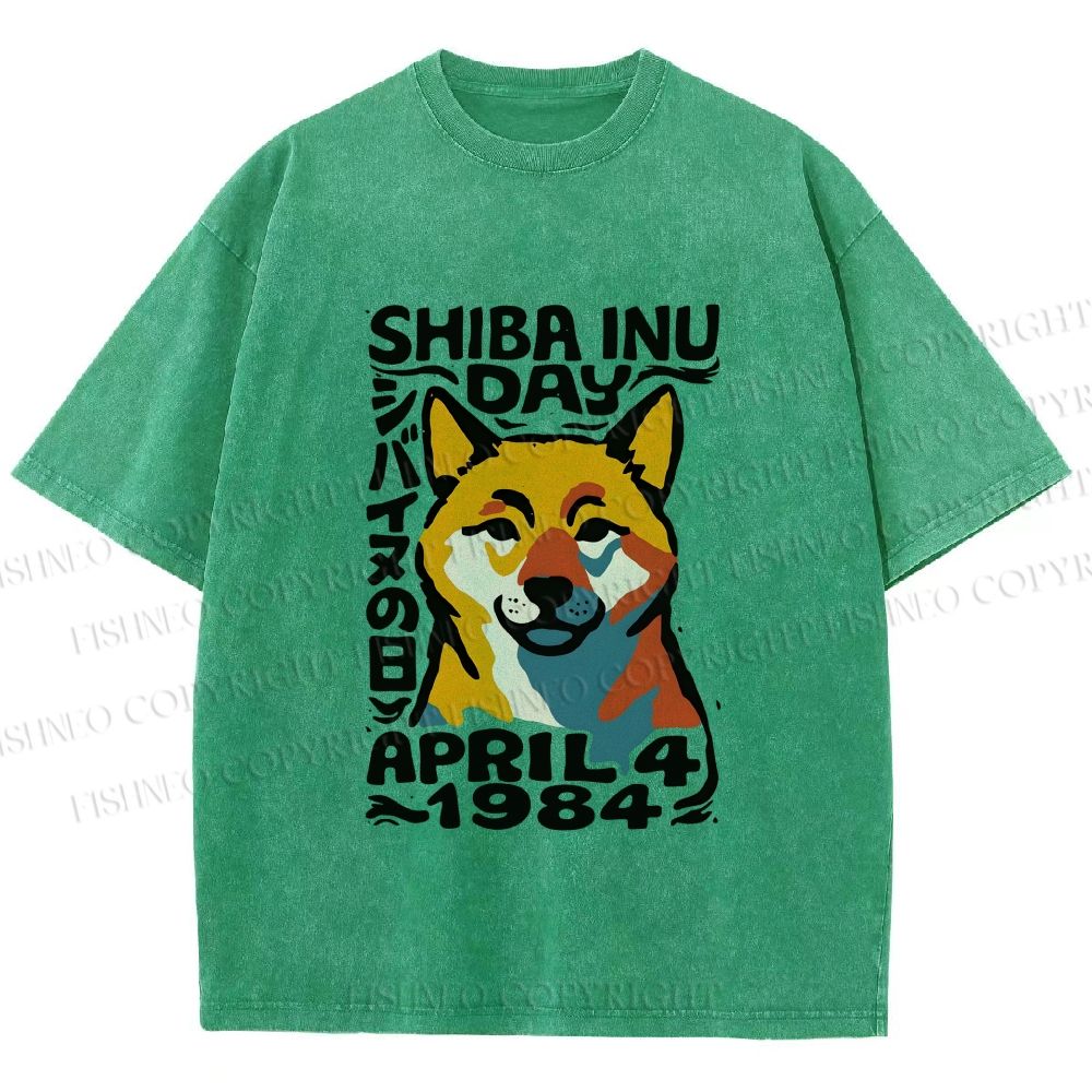 Unisex Vintage Shiba Dog Printed Washed Tee