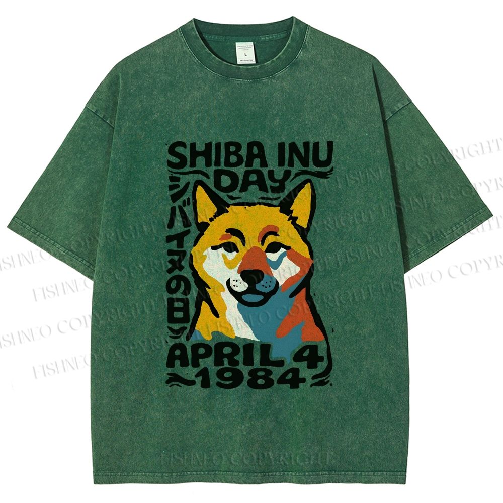 Unisex Vintage Shiba Dog Printed Washed Tee