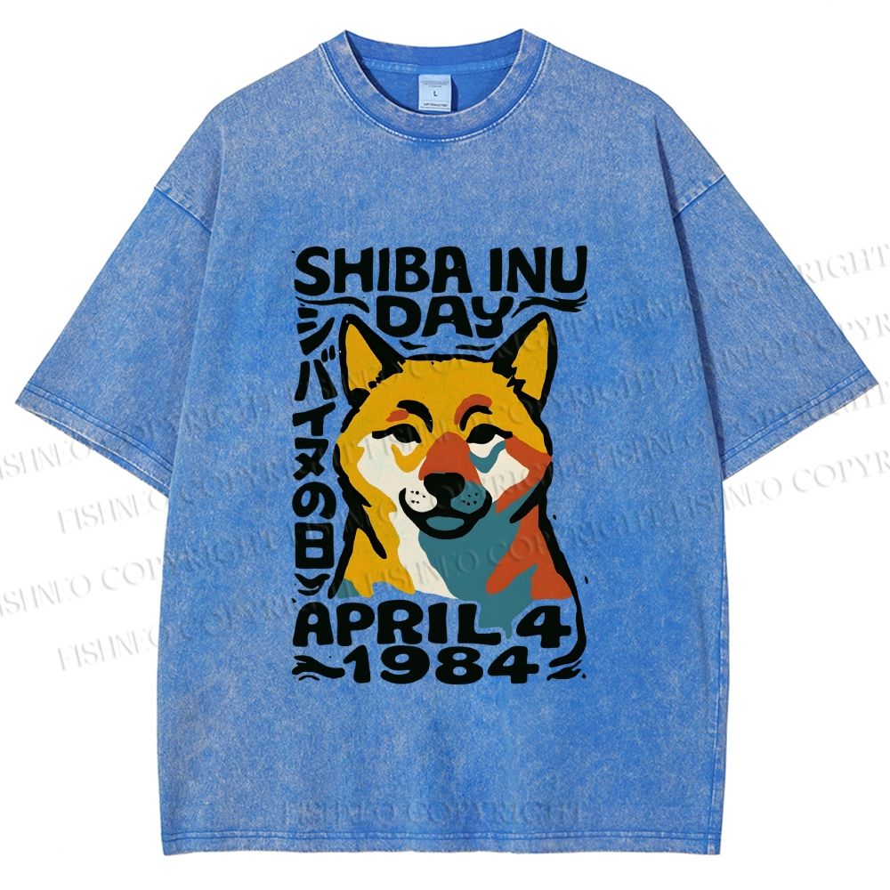 Unisex Vintage Shiba Dog Printed Washed Tee