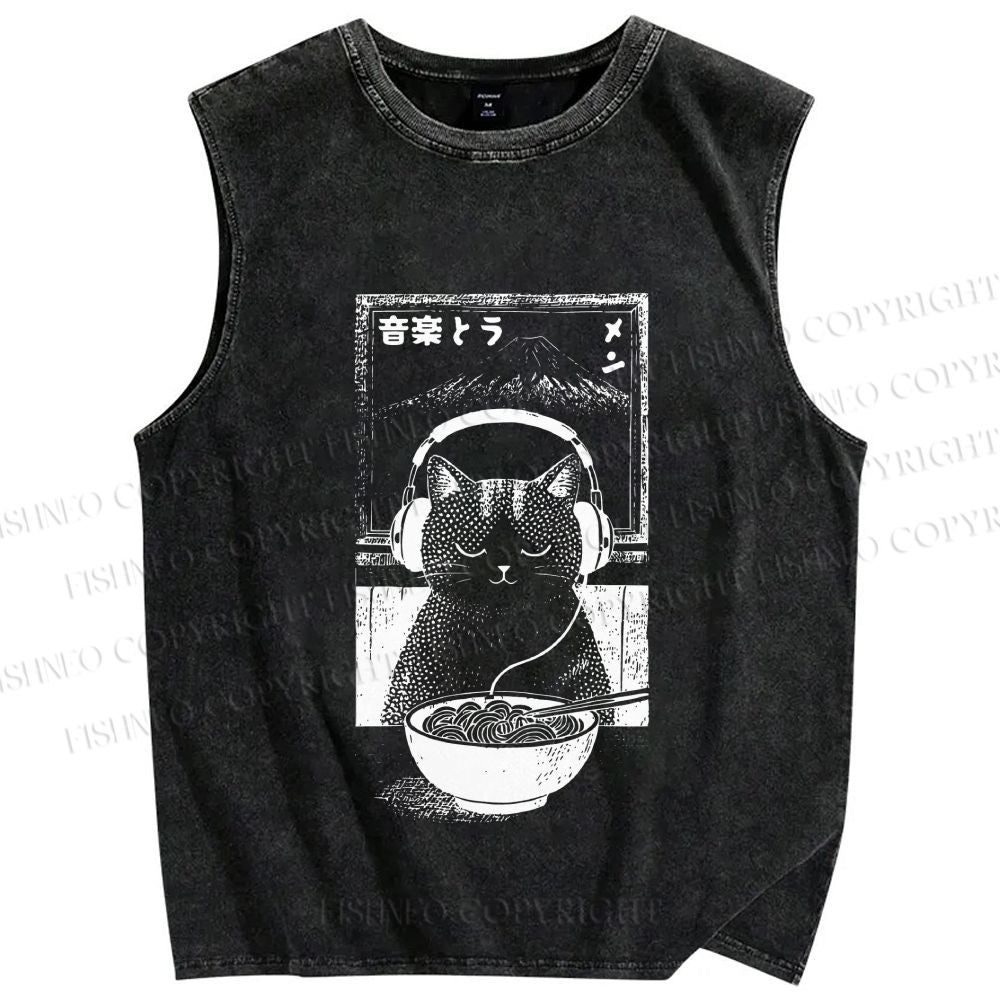 Unisex Music Ramen Cat Printed Washed Tank Top