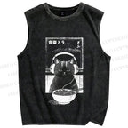 Unisex Music Ramen Cat Printed Washed Tank Top