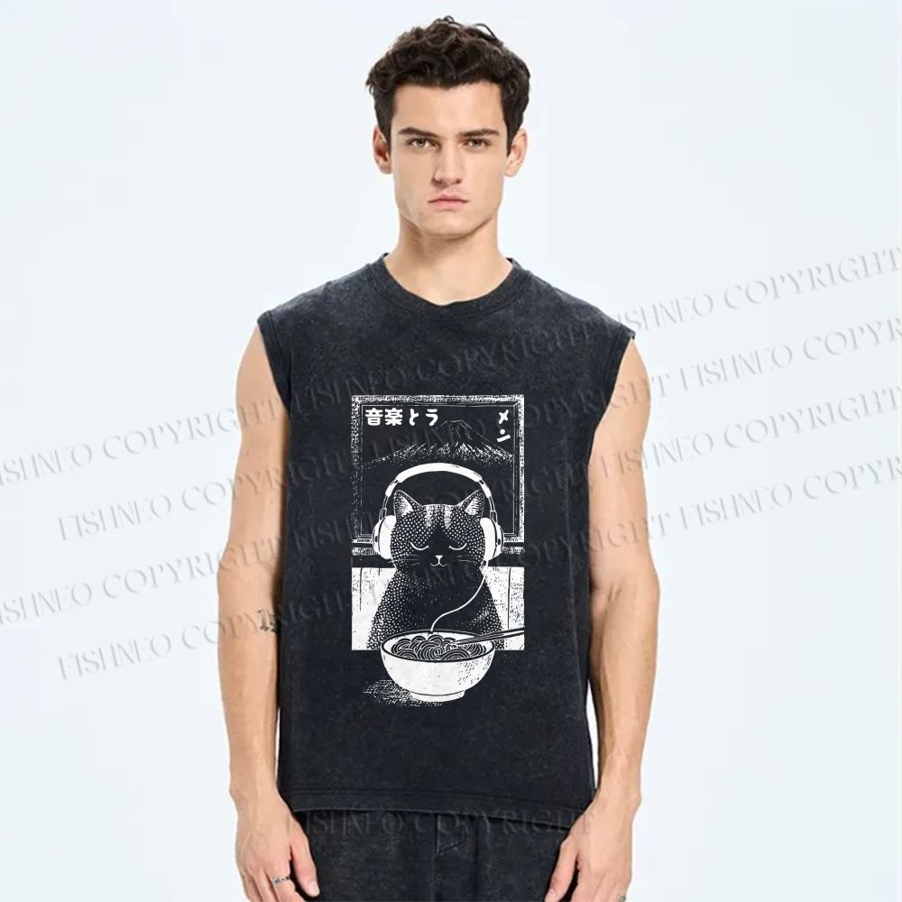 Unisex Music Ramen Cat Printed Washed Tank Top