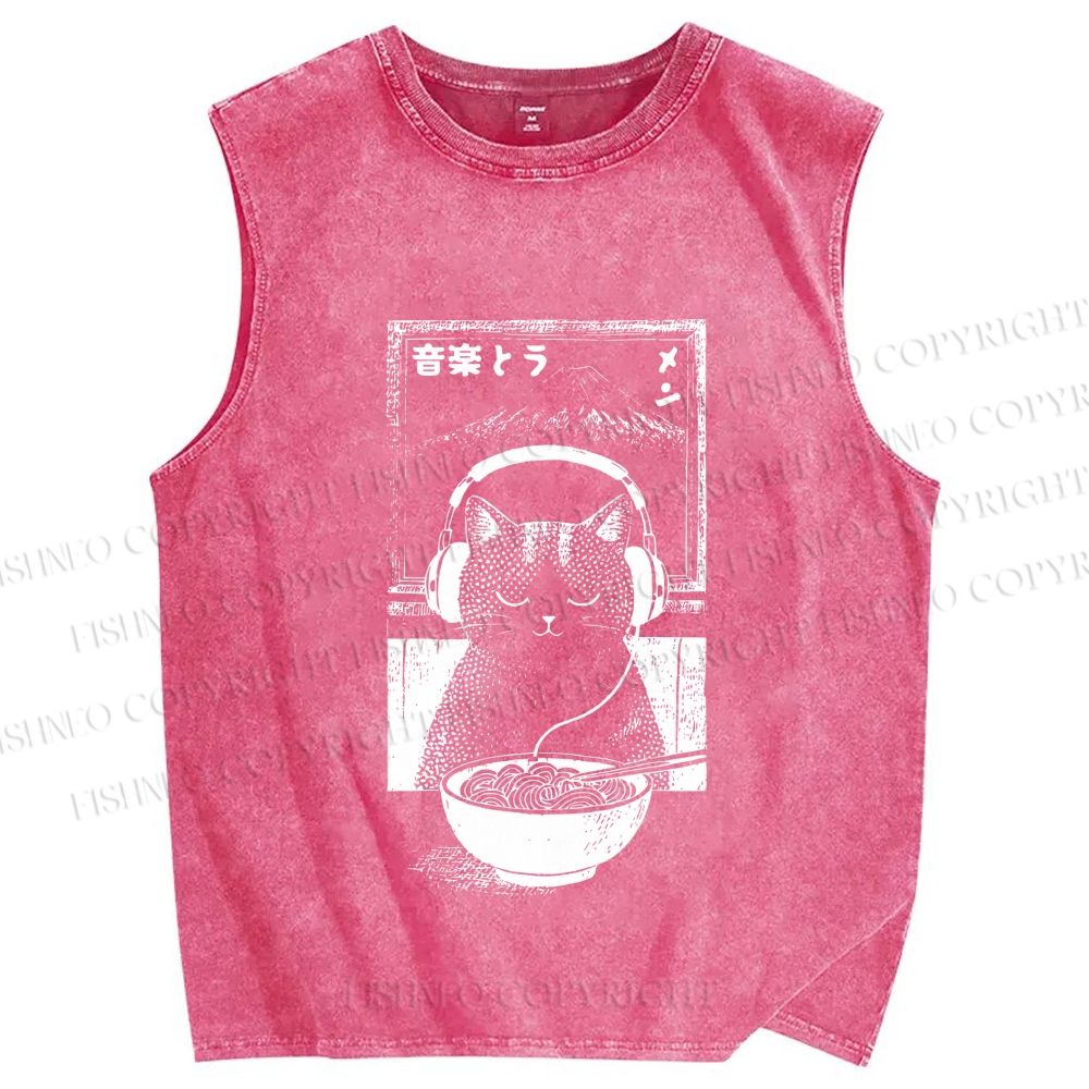 Unisex Music Ramen Cat Printed Washed Tank Top