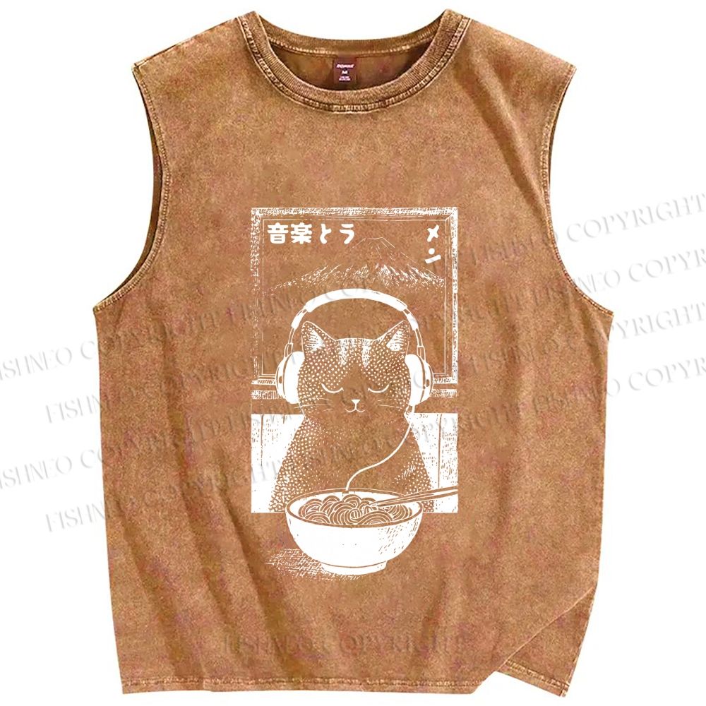 Unisex Music Ramen Cat Printed Washed Tank Top