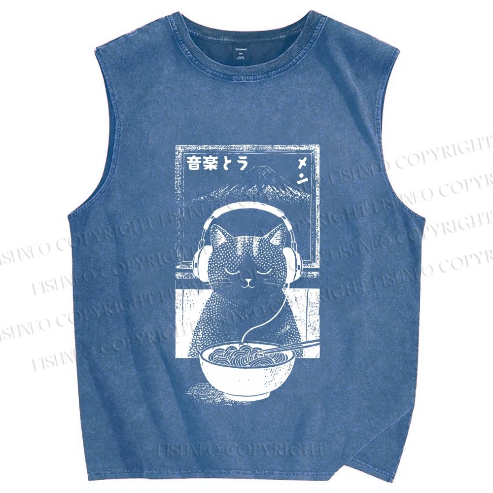 Unisex Music Ramen Cat Printed Washed Tank Top
