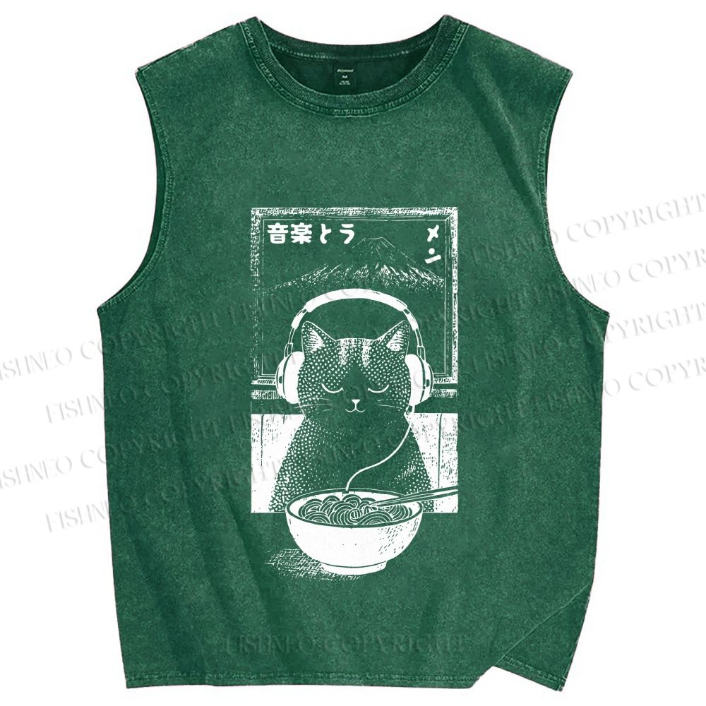 Unisex Music Ramen Cat Printed Washed Tank Top