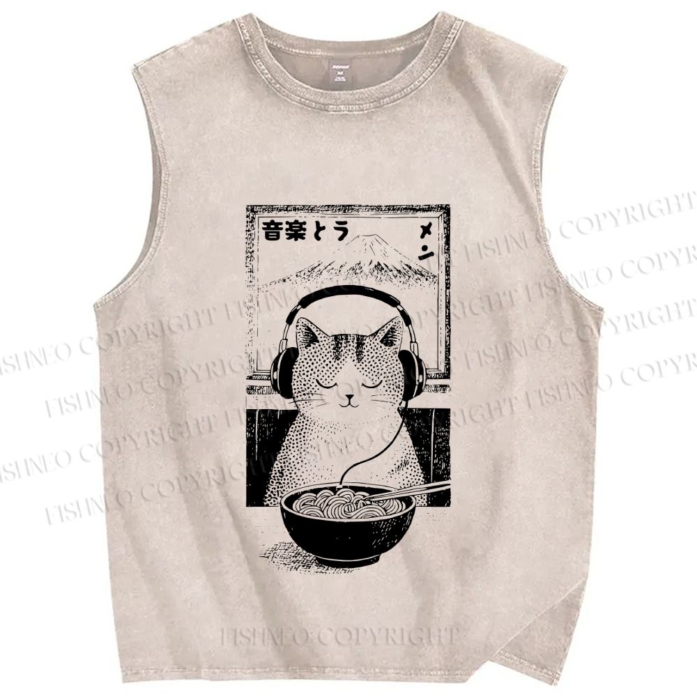 Unisex Music Ramen Cat Printed Washed Tank Top