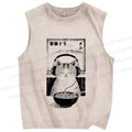 Unisex Music Ramen Cat Printed Washed Tank Top