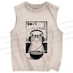 Unisex Music Ramen Cat Printed Washed Tank Top