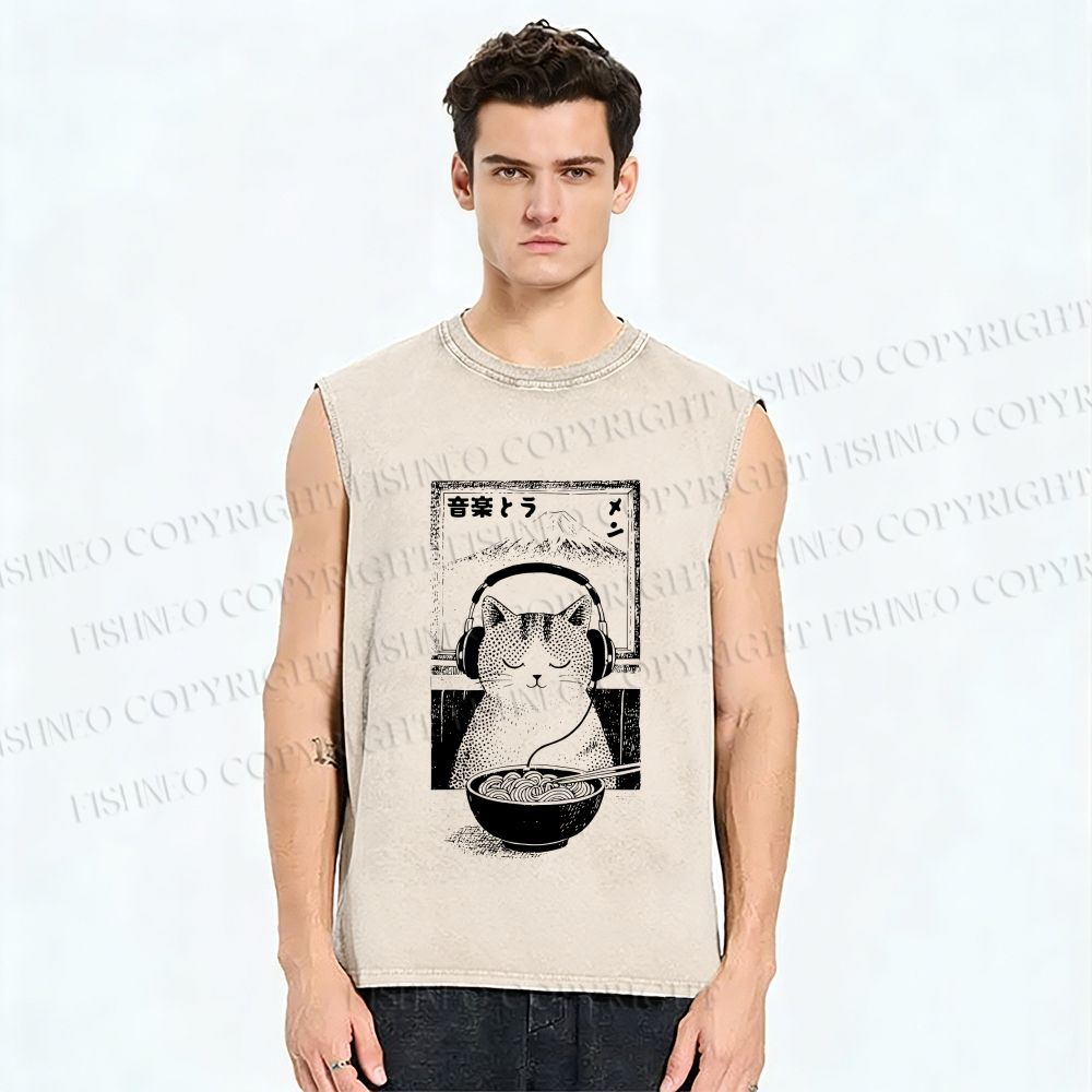 Unisex Music Ramen Cat Printed Washed Tank Top