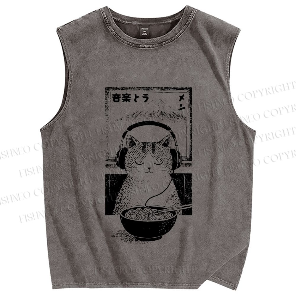 Unisex Music Ramen Cat Printed Washed Tank Top