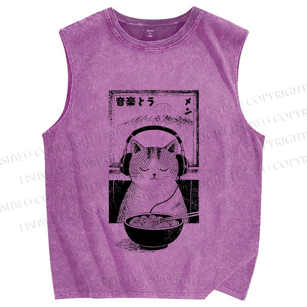 Unisex Music Ramen Cat Printed Washed Tank Top