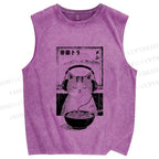 Unisex Music Ramen Cat Printed Washed Tank Top