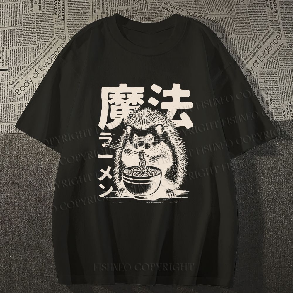 Unisex Classic Cotton Hedgehog Eating Ramen Printed T-shirt