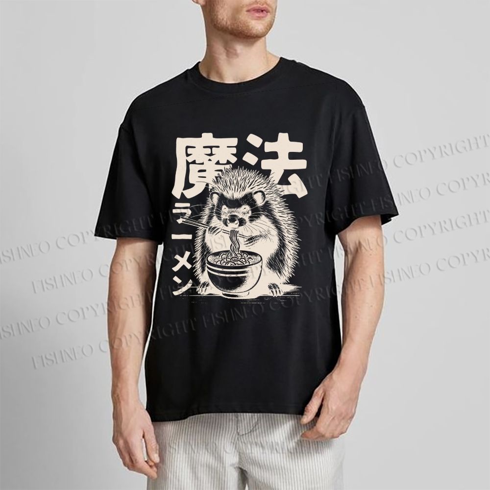 Unisex Classic Cotton Hedgehog Eating Ramen Printed T-shirt