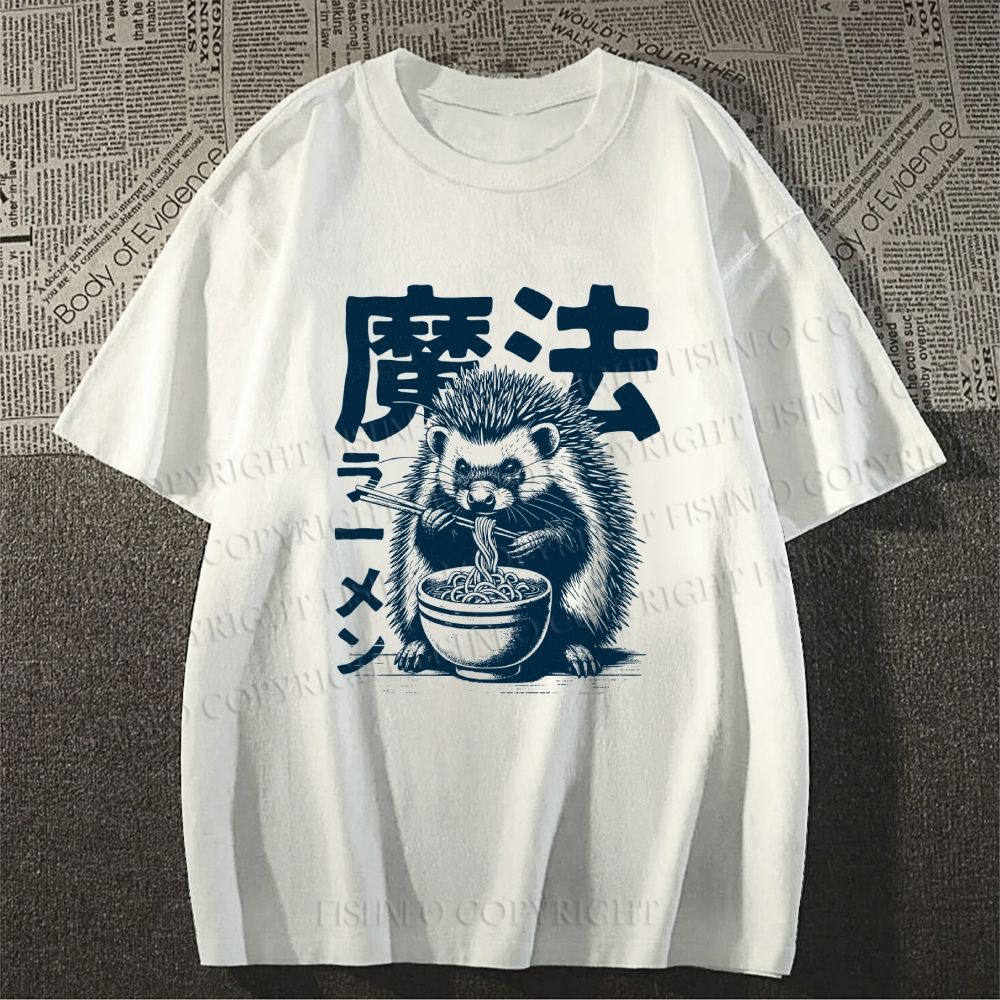 Unisex Classic Cotton Hedgehog Eating Ramen Printed T-shirt