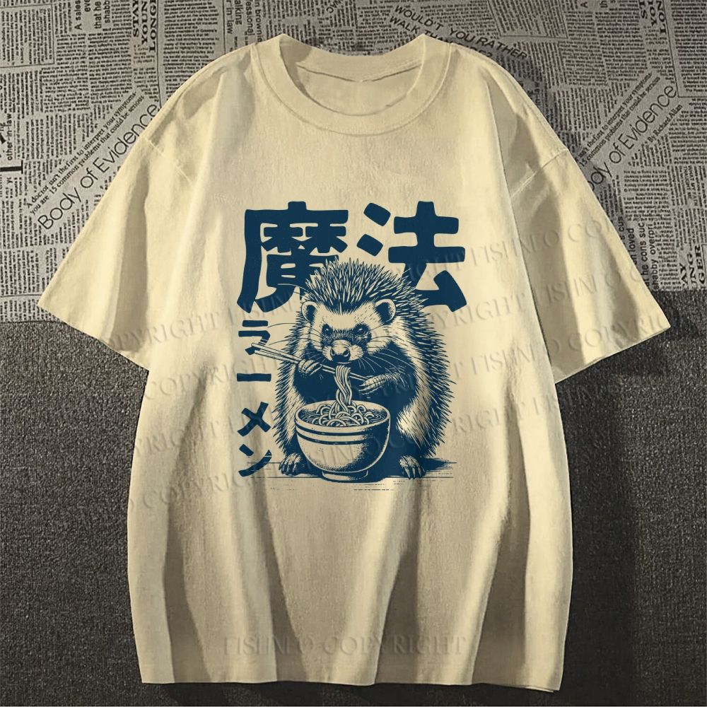 Unisex Classic Cotton Hedgehog Eating Ramen Printed T-shirt