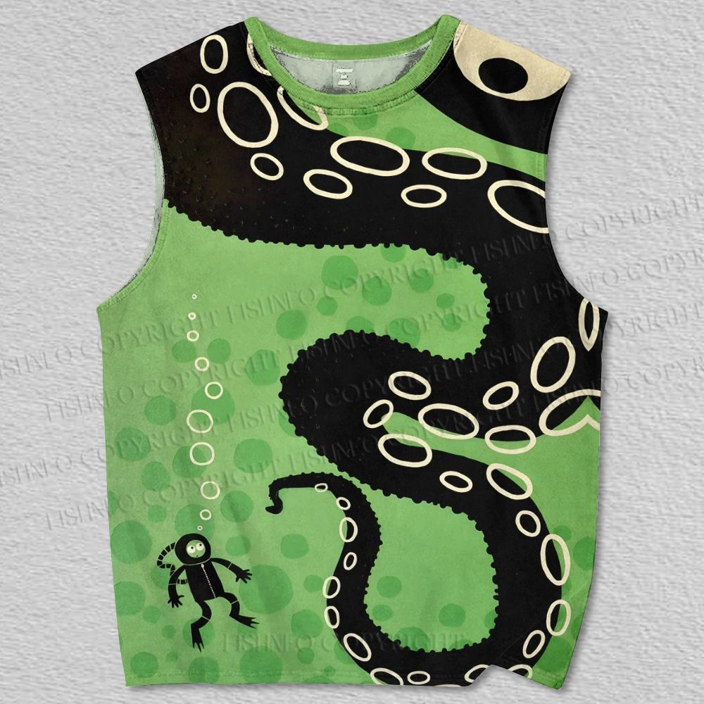 Unisex Giant Octopus in Green Printed Tank Top