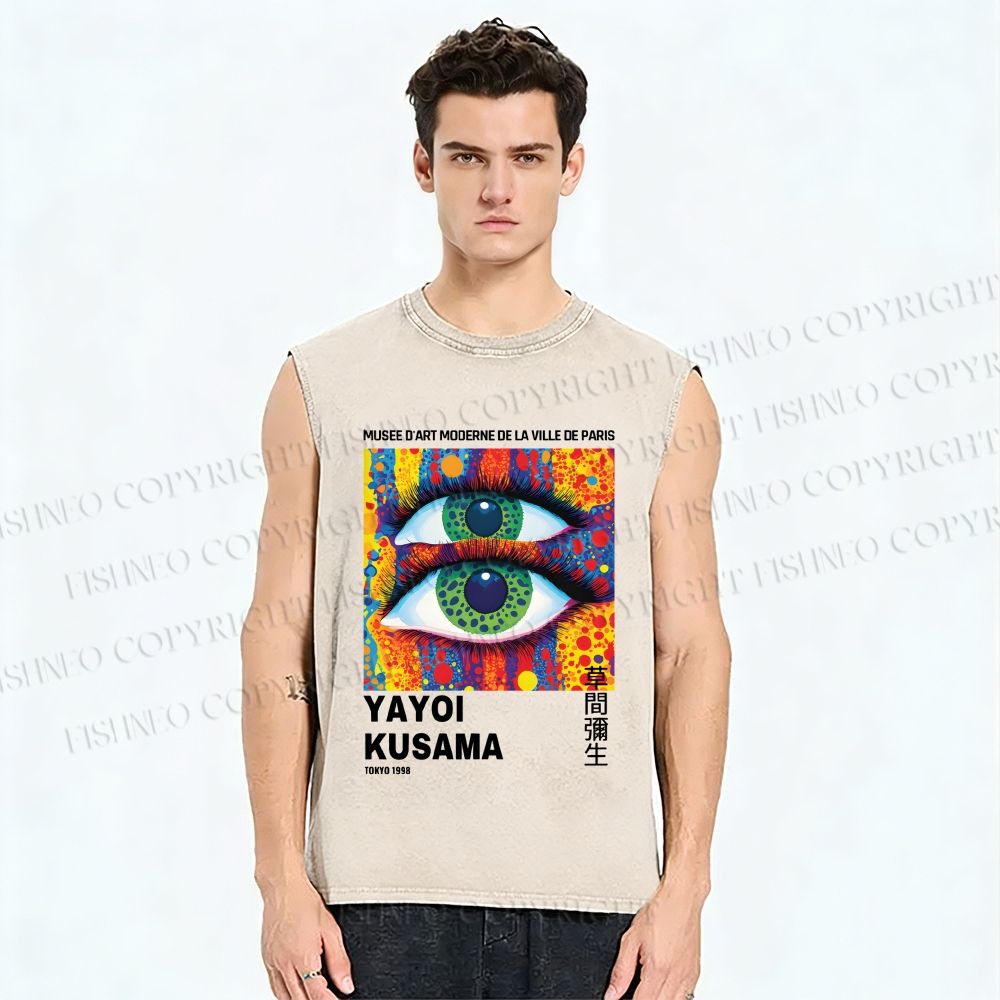 Unisex Yayoi Kusama Eye Collage Printed Washed Tank Top