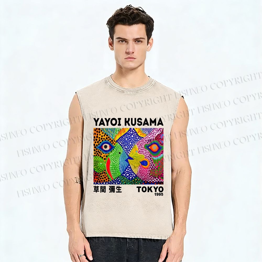Unisex Yayoi Kusama Fish Collage Printed Washed Tank Top