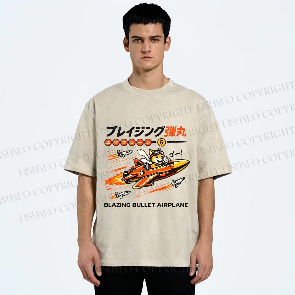 Unisex Japanese Shiba Dog in Space Ship Printed Washed Tee