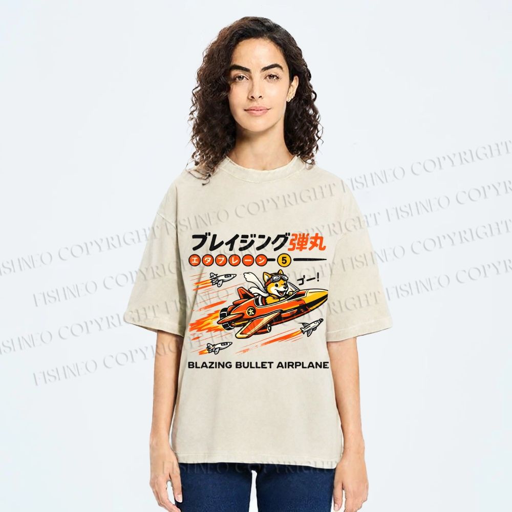 Unisex Japanese Shiba Dog in Space Ship Printed Washed Tee