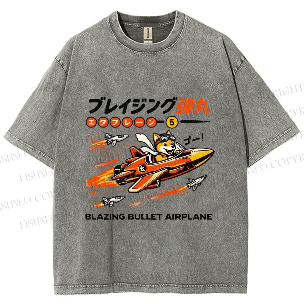 Unisex Japanese Shiba Dog in Space Ship Printed Washed Tee
