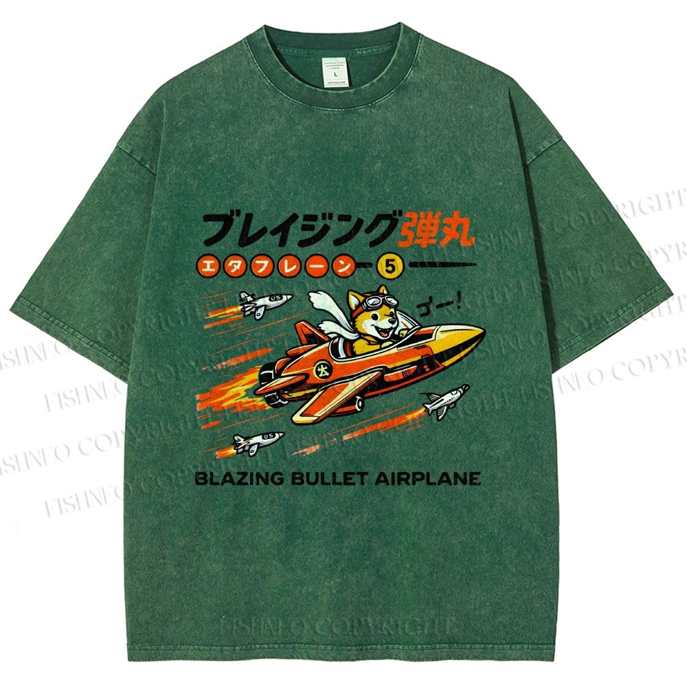 Unisex Japanese Shiba Dog in Space Ship Printed Washed Tee