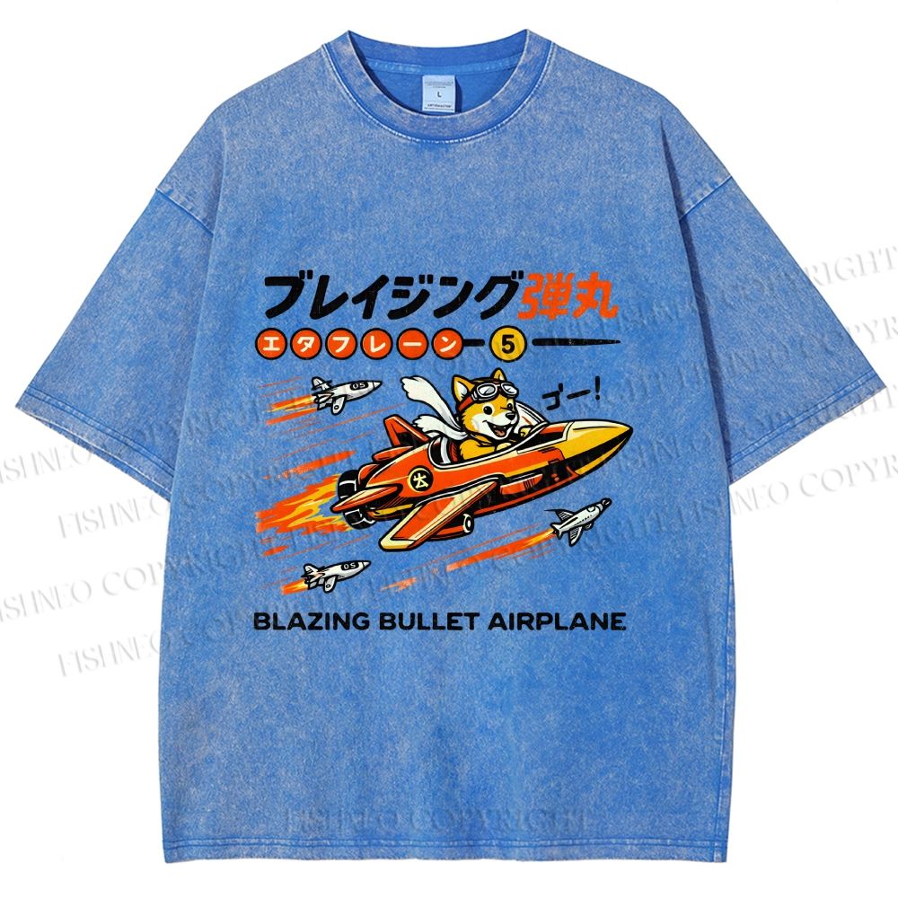 Unisex Japanese Shiba Dog in Space Ship Printed Washed Tee