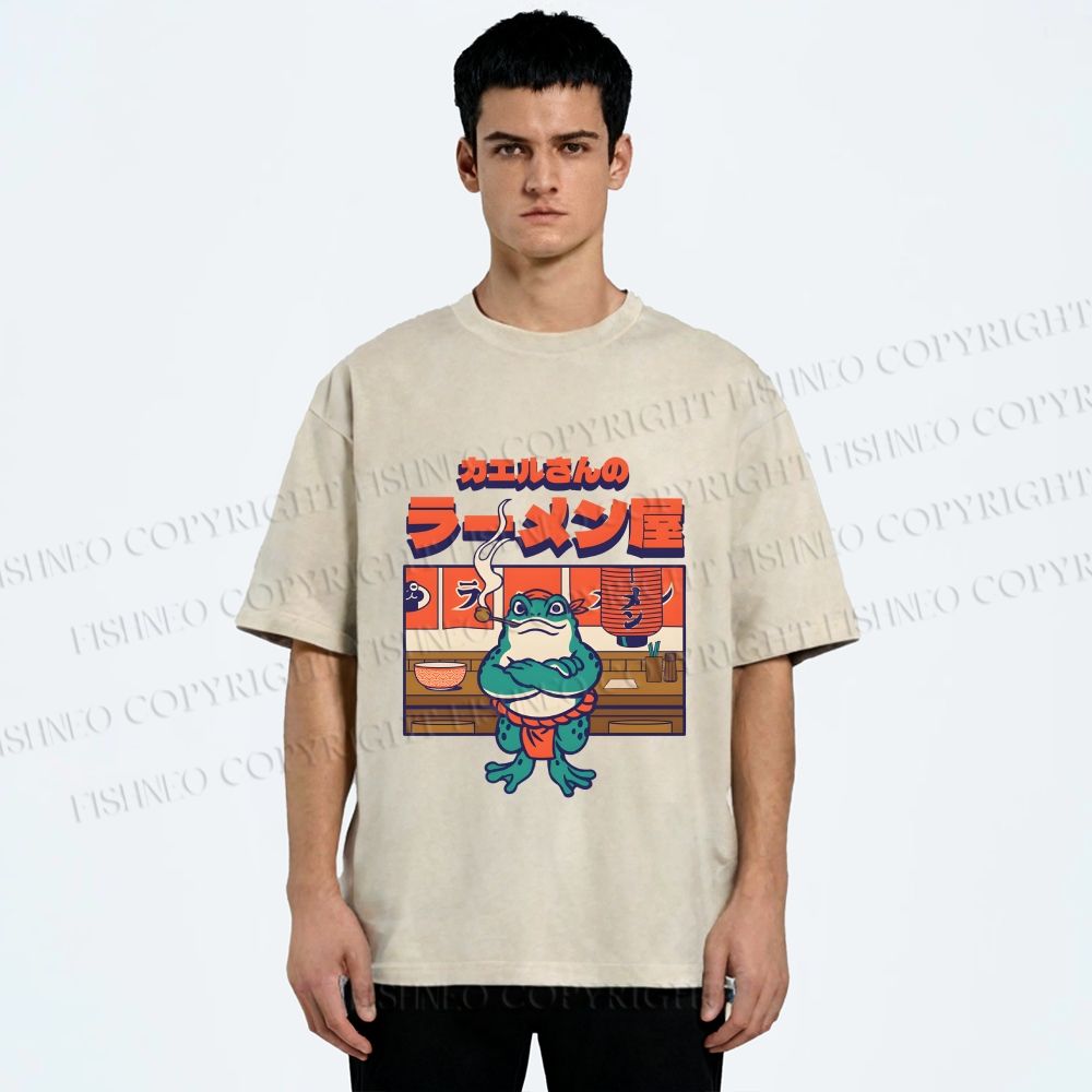 Unisex Frog's Ramen shop Printed Washed Tee