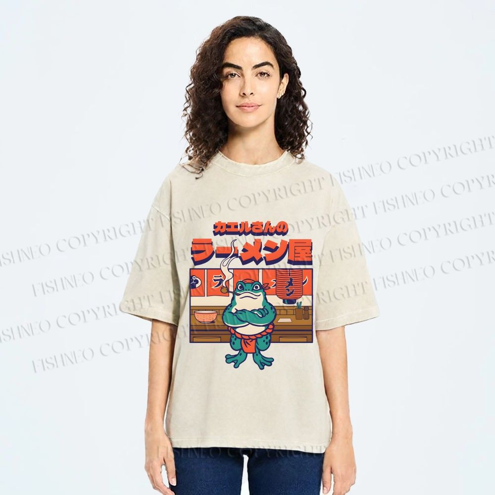 Unisex Frog's Ramen shop Printed Washed Tee
