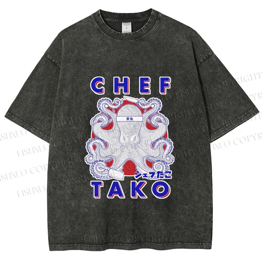 Unisex Chef Octopus Printed Washed Tee
