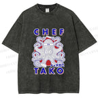 Unisex Chef Octopus Printed Washed Tee