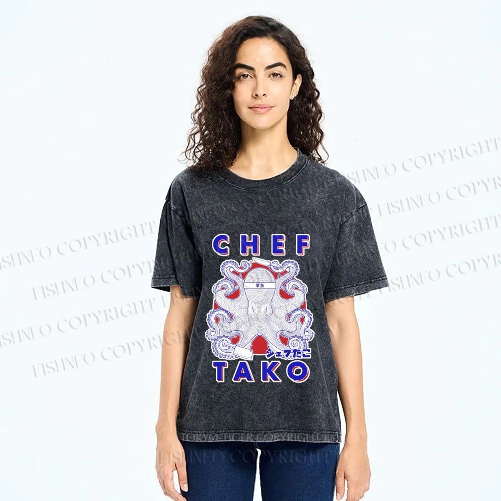 Unisex Chef Octopus Printed Washed Tee