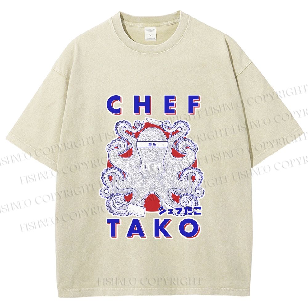 Unisex Chef Octopus Printed Washed Tee