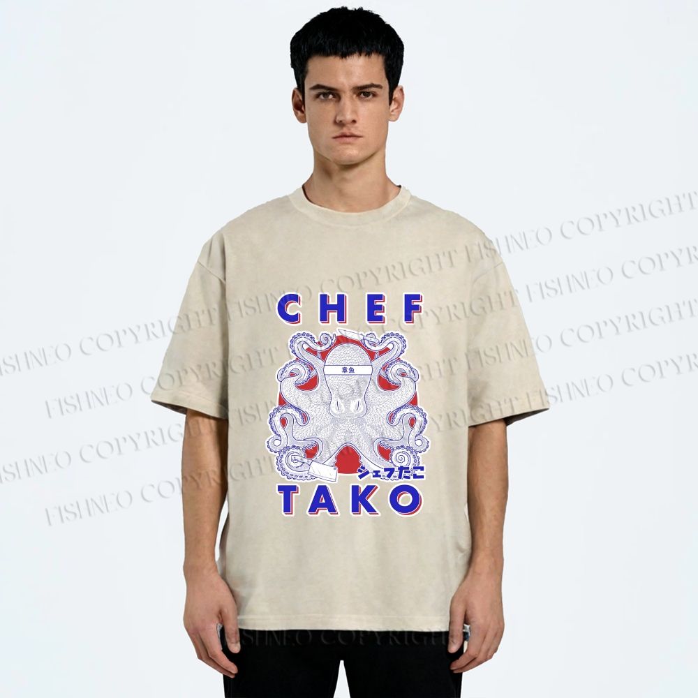Unisex Chef Octopus Printed Washed Tee