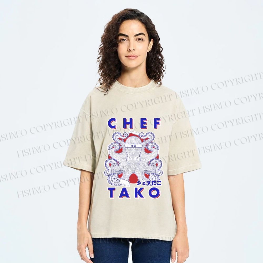 Unisex Chef Octopus Printed Washed Tee