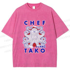 Unisex Chef Octopus Printed Washed Tee