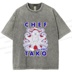 Unisex Chef Octopus Printed Washed Tee